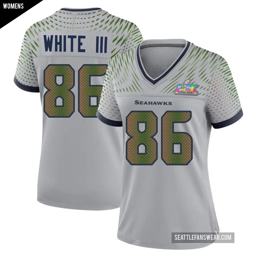 Women's Seattle Seahawks ＃86 Ricky White III Gray Game Wolf 2025 Rivalries Collection Super Bowl LX Patch Jersey