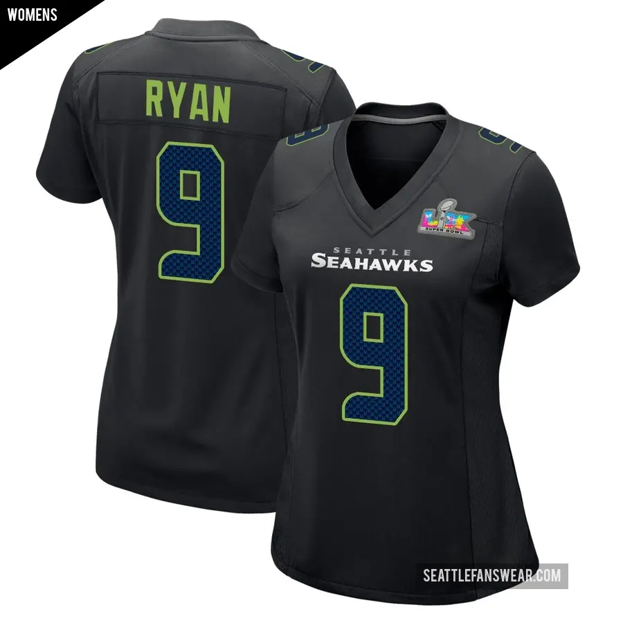 Women's Seattle Seahawks ＃9 Jon Ryan Black Game Carbon Fashion Super Bowl LX Patch Jersey
