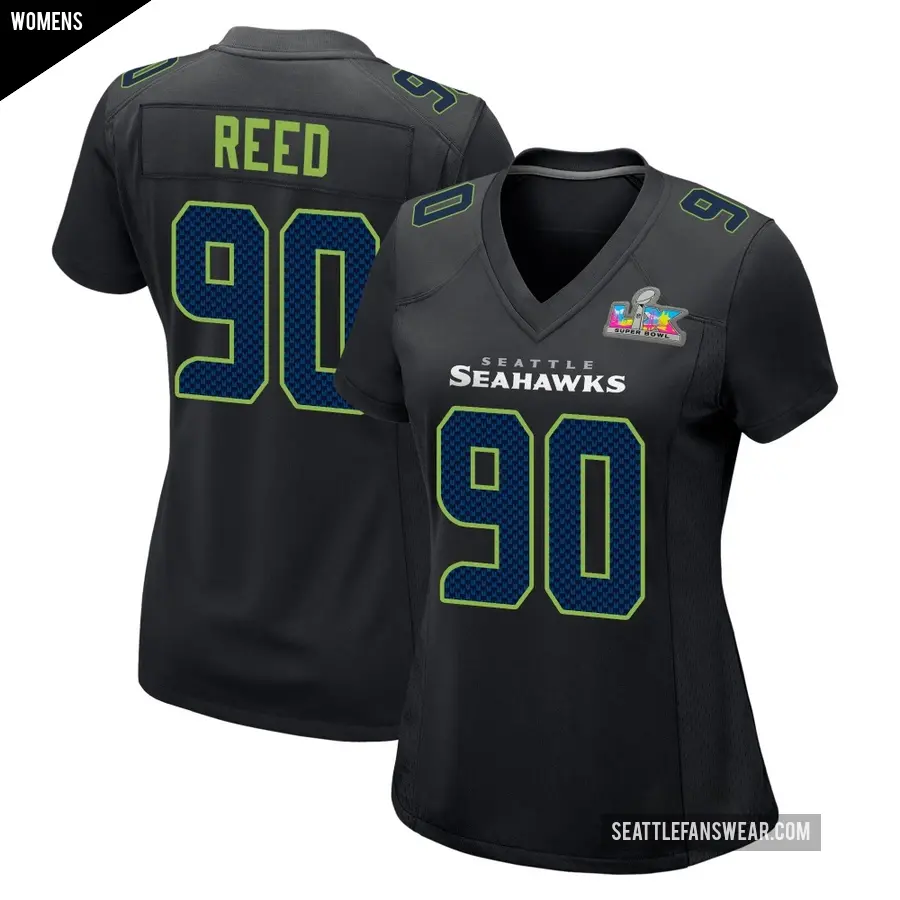 Women's Seattle Seahawks ＃90 Jarran Reed Black Game Carbon Fashion Super Bowl LX Patch Jersey