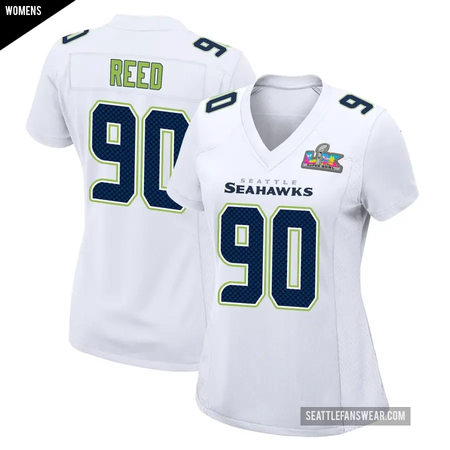 Women's Seattle Seahawks ＃90 Jarran Reed White Game Tundra Fashion Super Bowl LX Patch Jersey