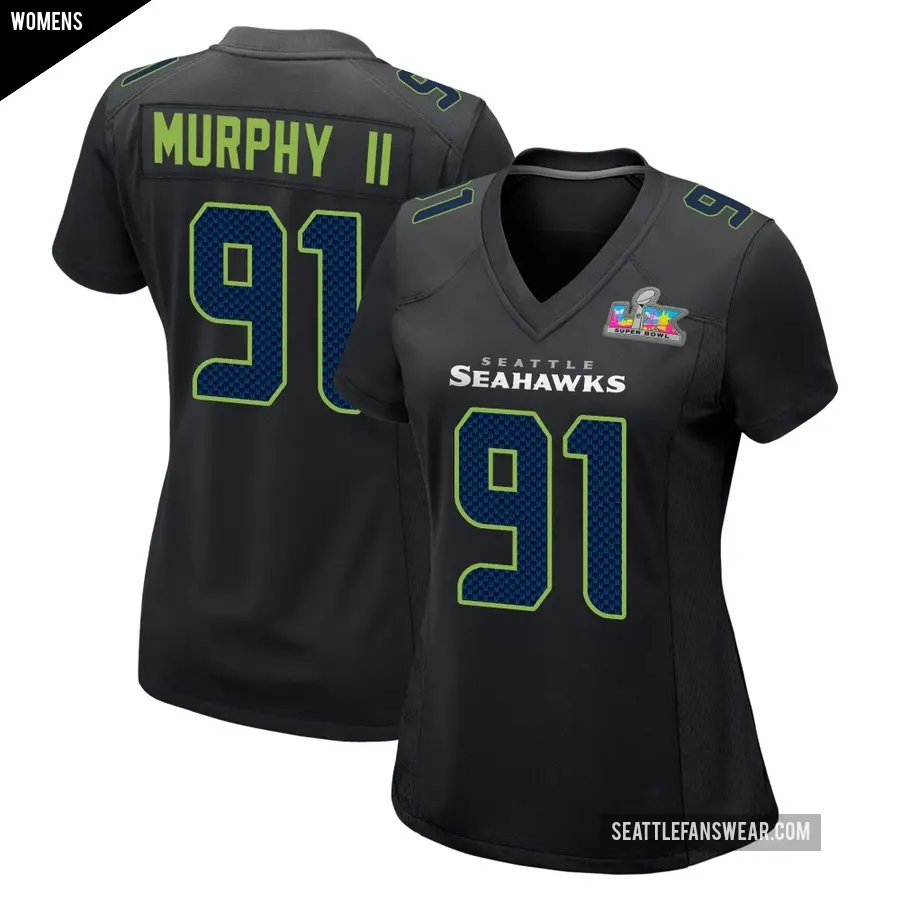 Women's Seattle Seahawks ＃91 Byron Murphy II Black Game Carbon Fashion Super Bowl LX Patch Jersey