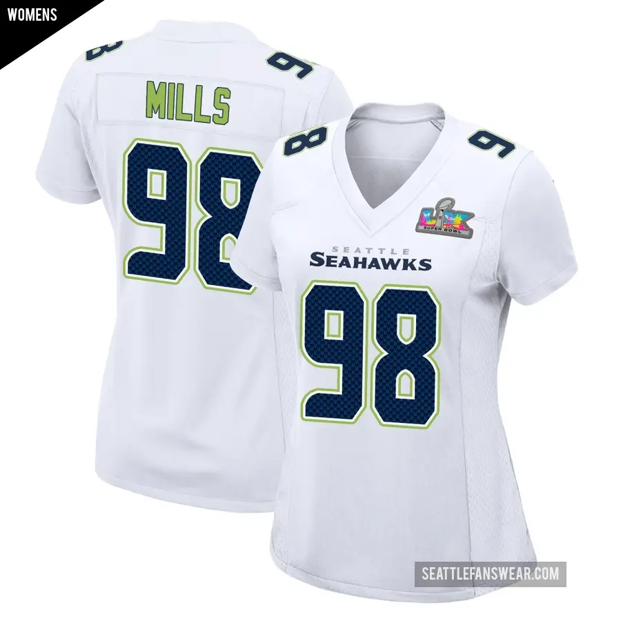 Women's Seattle Seahawks ＃98 Rylie Mills White Game Tundra Fashion Super Bowl LX Patch Jersey