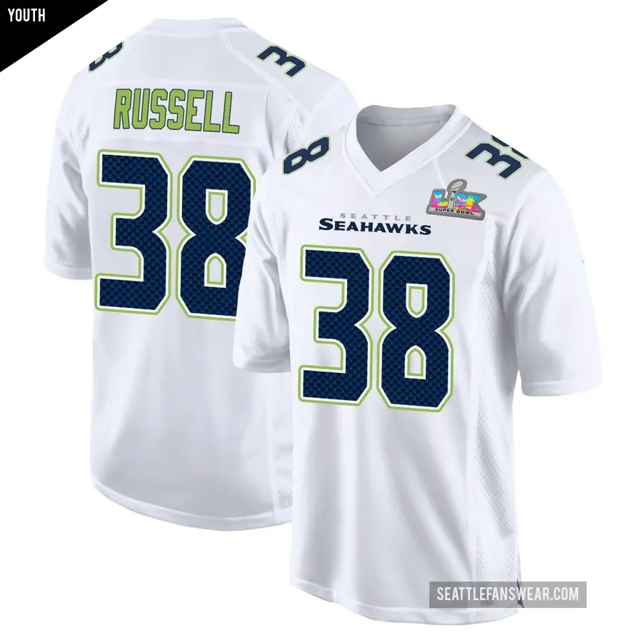 Youth Seattle Seahawks ＃38 Brady Russell White Game Tundra Fashion Super Bowl LX Patch Jersey