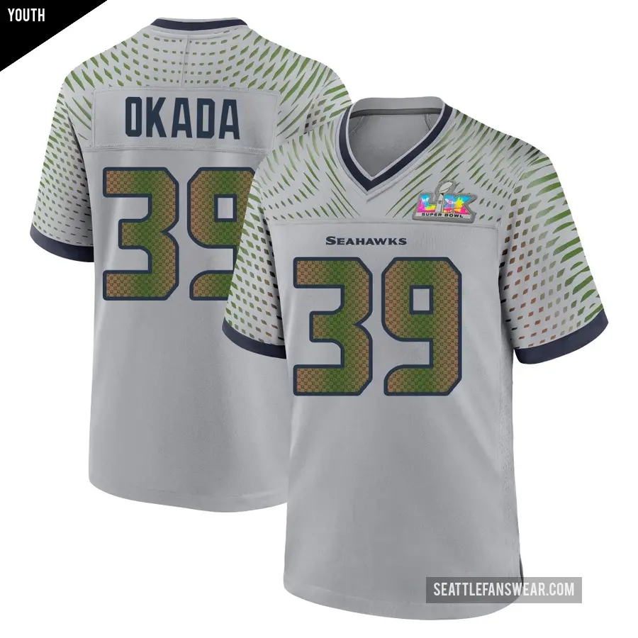 Youth Seattle Seahawks ＃39 Ty Okada Gray Game Wolf 2025 Rivalries Collection Super Bowl LX Patch Jersey