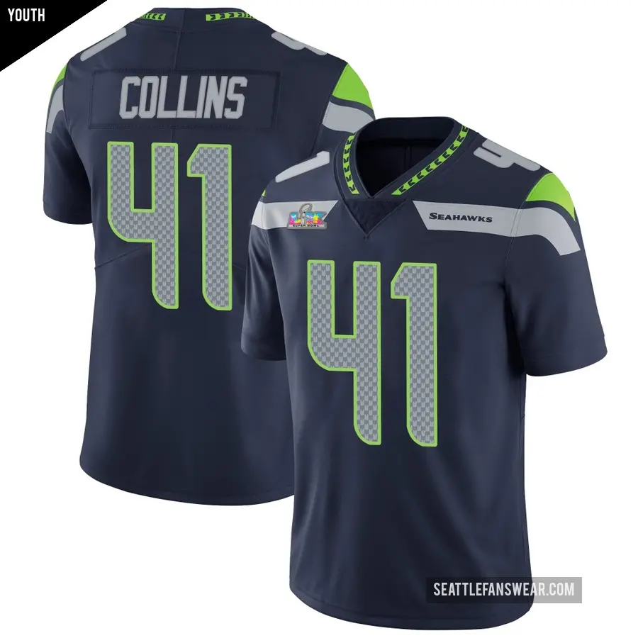 Youth Seattle Seahawks ＃41 Alex Collins Navy Limited Team Color Vapor Untouchable Super Bowl LX Patch Jersey