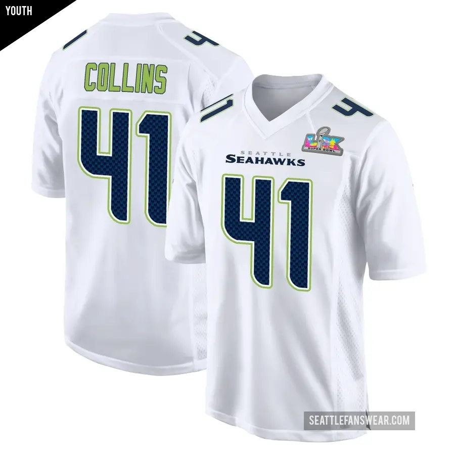 Youth Seattle Seahawks ＃41 Alex Collins White Game Tundra Fashion Super Bowl LX Patch Jersey