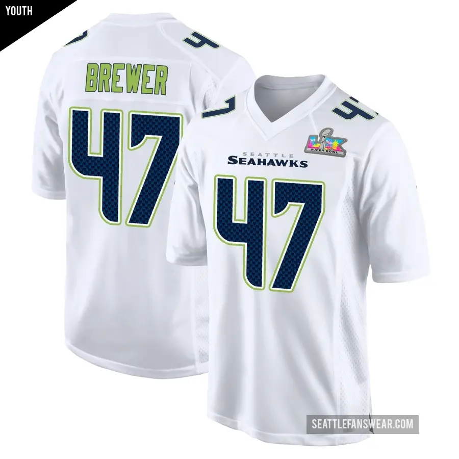 Youth Seattle Seahawks ＃47 Cade Brewer White Game Tundra Fashion Super Bowl LX Patch Jersey