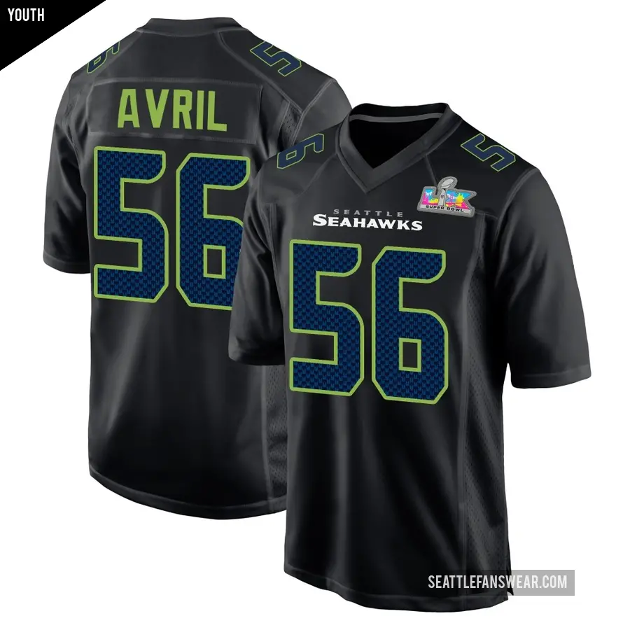 Youth Seattle Seahawks ＃56 Cliff Avril Black Game Carbon Fashion Super Bowl LX Patch Jersey