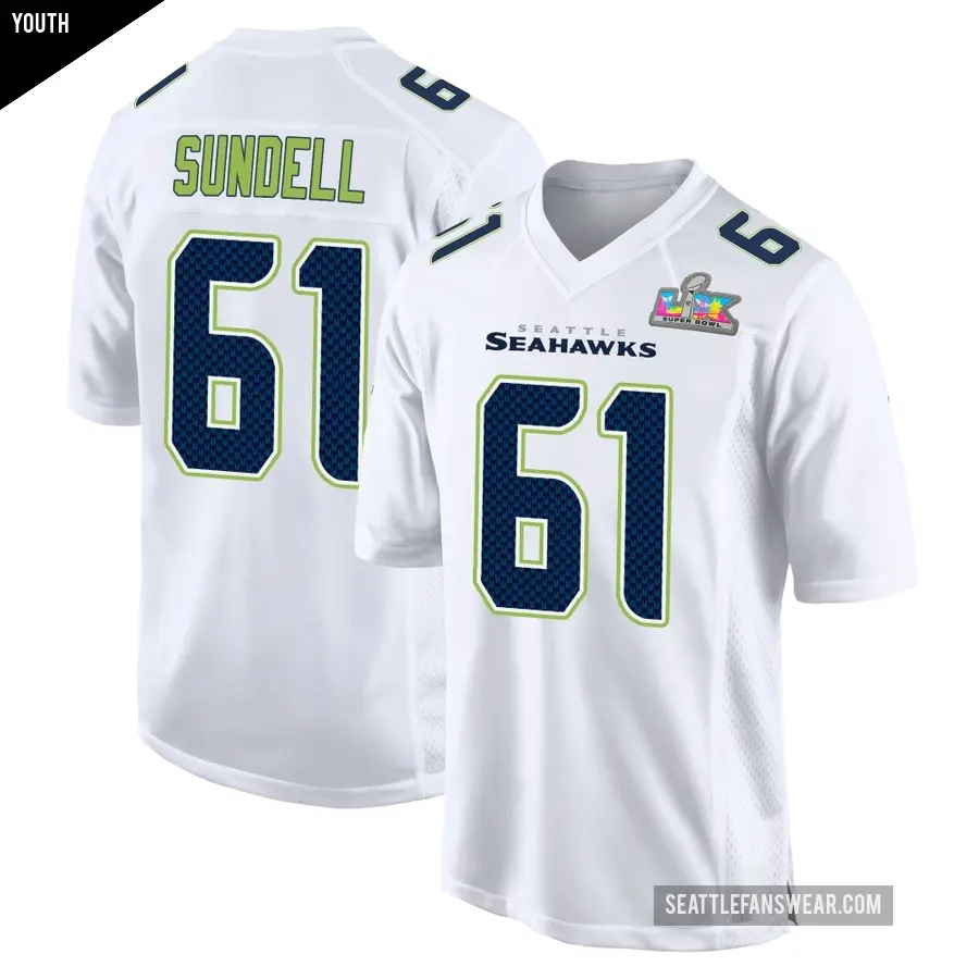 Youth Seattle Seahawks ＃61 Jalen Sundell White Game Tundra Fashion Super Bowl LX Patch Jersey