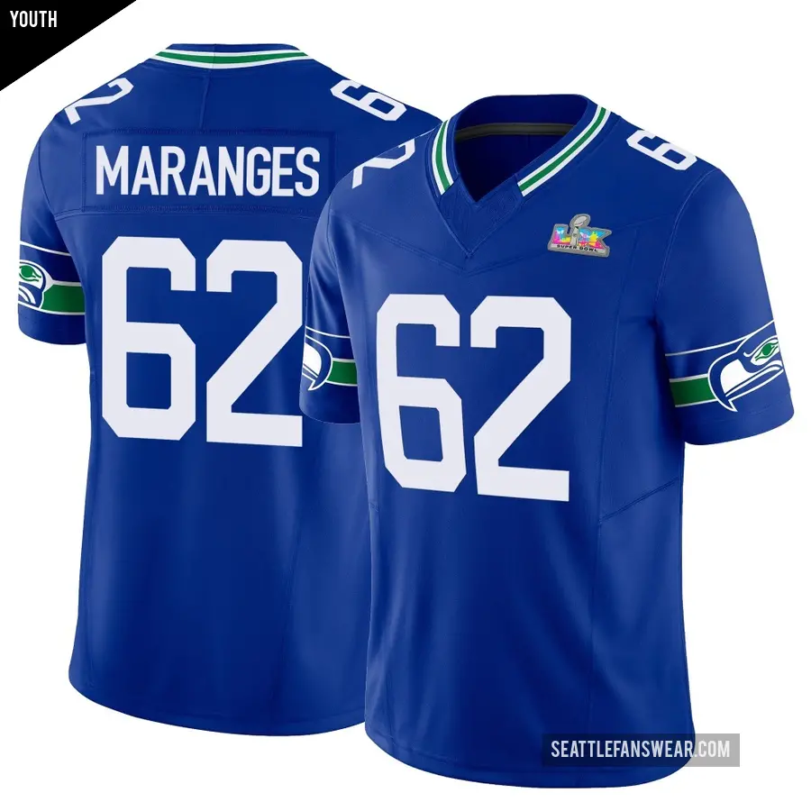 Youth Seattle Seahawks ＃62 Federico Maranges Royal Limited Throwback Vapor F.U.S.E. Super Bowl LX Patch Jersey