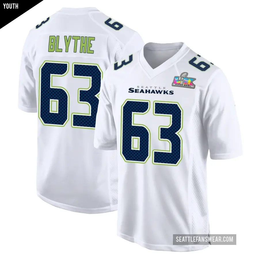 Youth Seattle Seahawks ＃63 Austin Blythe White Game Tundra Fashion Super Bowl LX Patch Jersey