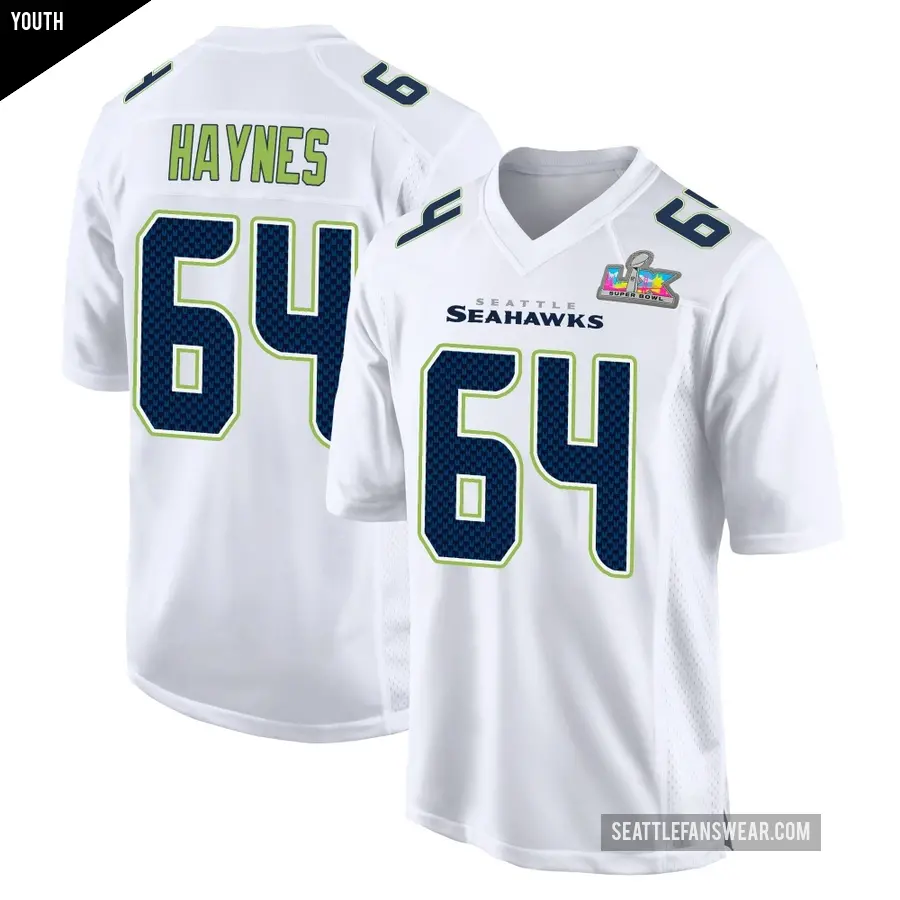 Youth Seattle Seahawks ＃64 Christian Haynes White Game Tundra Fashion Super Bowl LX Patch Jersey