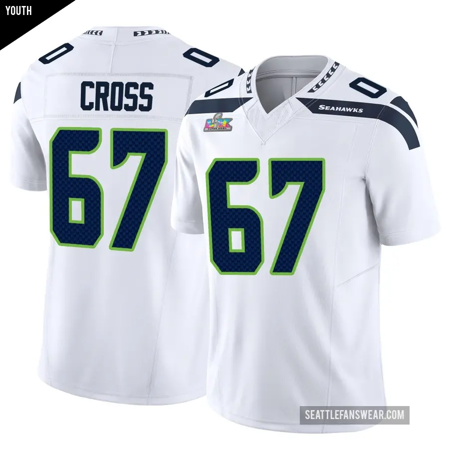 Youth Seattle Seahawks ＃67 Charles Cross White Limited Vapor F.U.S.E. Super Bowl LX Patch Jersey