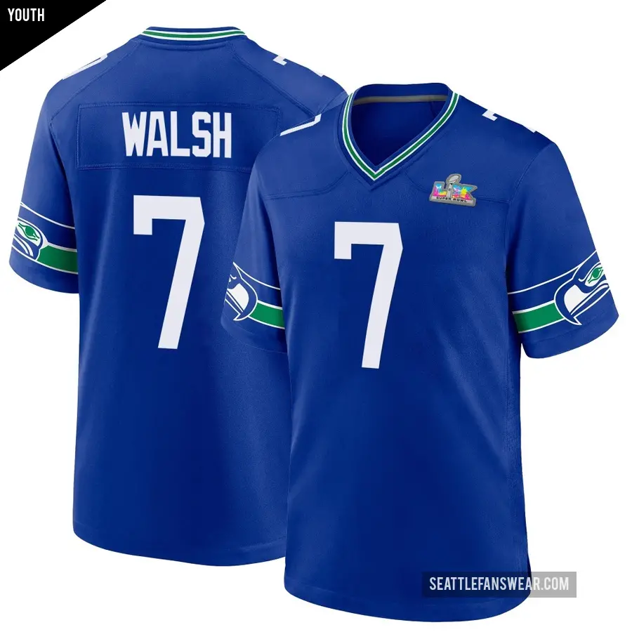Youth Seattle Seahawks ＃7 Blair Walsh Royal Game Throwback Super Bowl LX Patch Jersey