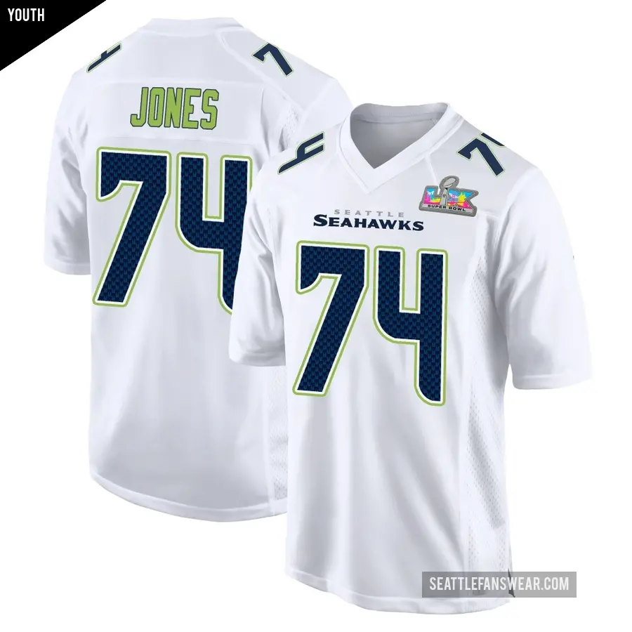 Youth Seattle Seahawks ＃74 Josh Jones White Game Tundra Fashion Super Bowl LX Patch Jersey