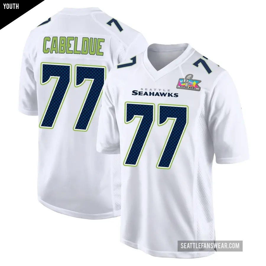 Youth Seattle Seahawks ＃77 Bryce Cabeldue White Game Tundra Fashion Super Bowl LX Patch Jersey