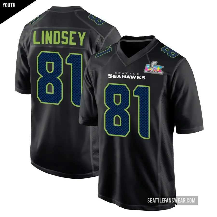 Youth Seattle Seahawks ＃81 Tyjon Lindsey Black Game Carbon Fashion Super Bowl LX Patch Jersey