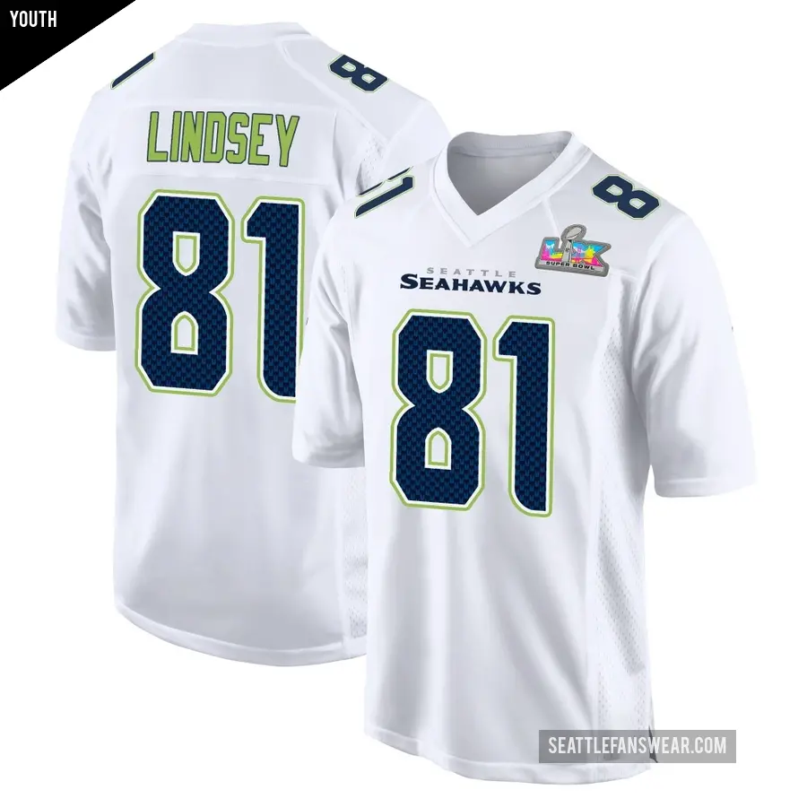 Youth Seattle Seahawks ＃81 Tyjon Lindsey White Game Tundra Fashion Super Bowl LX Patch Jersey
