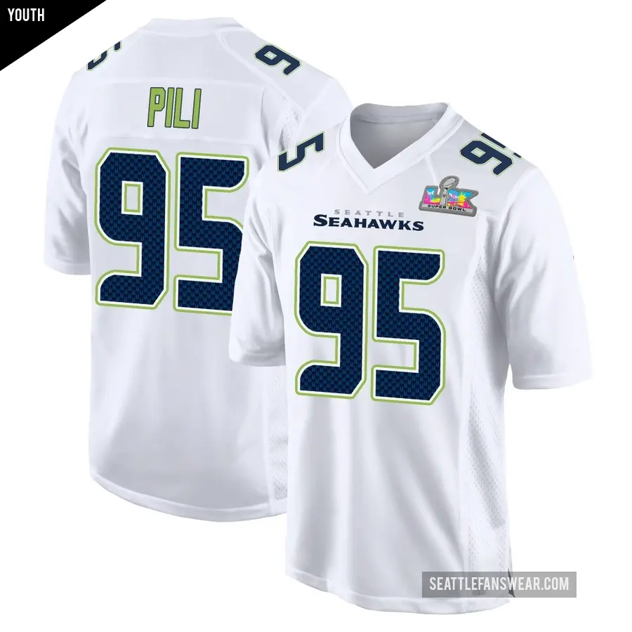 Youth Seattle Seahawks ＃95 Brandon Pili White Game Tundra Fashion Super Bowl LX Patch Jersey