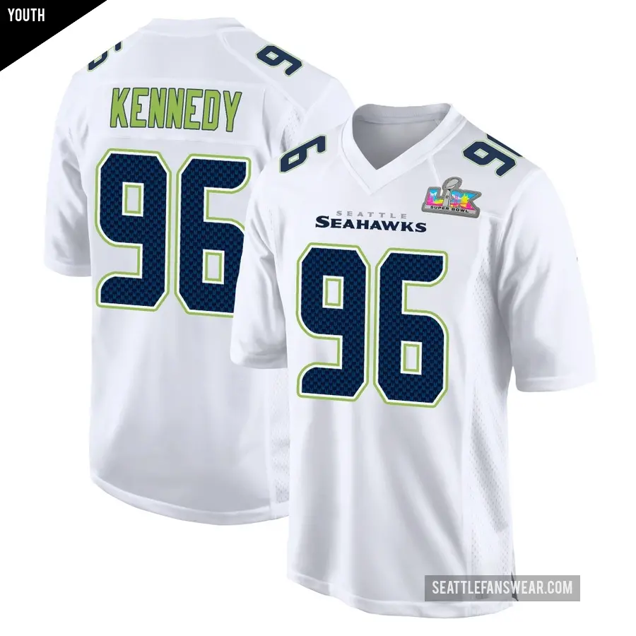 Youth Seattle Seahawks ＃96 Cortez Kennedy White Game Tundra Fashion Super Bowl LX Patch Jersey