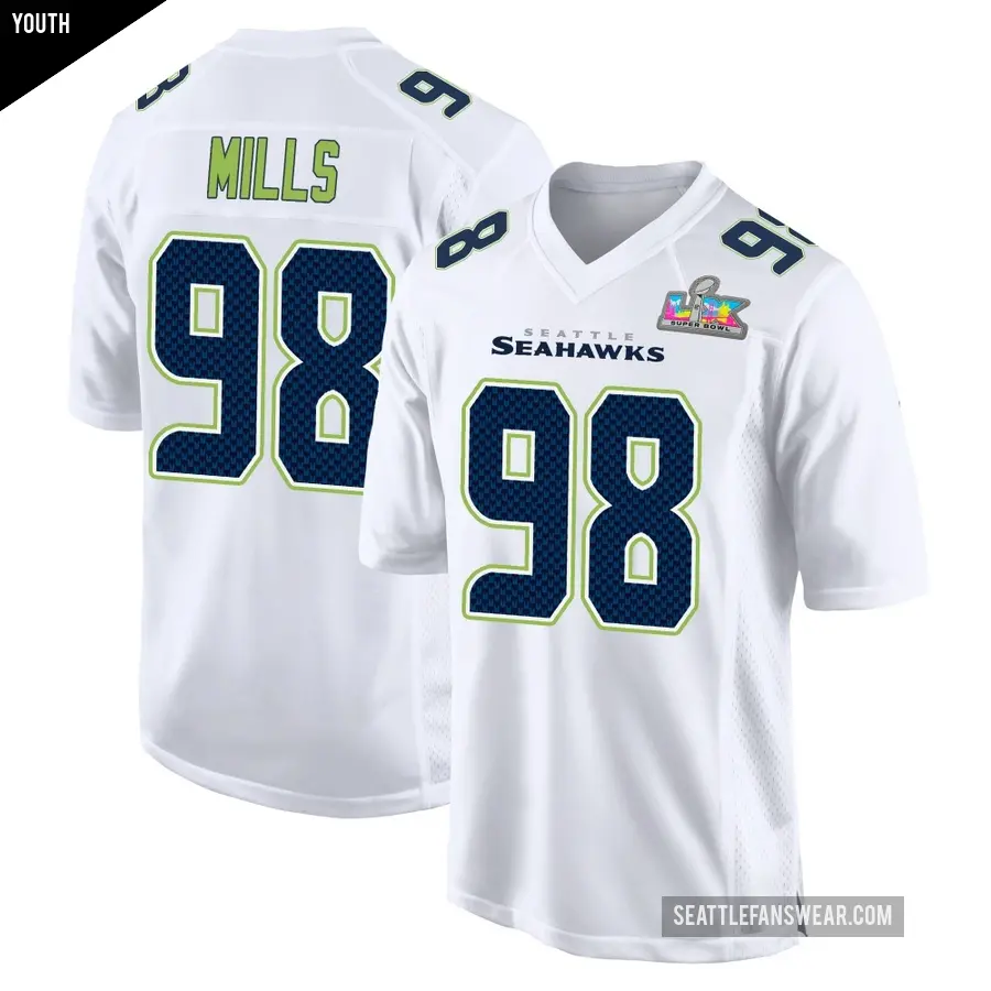 Youth Seattle Seahawks ＃98 Rylie Mills White Game Tundra Fashion Super Bowl LX Patch Jersey